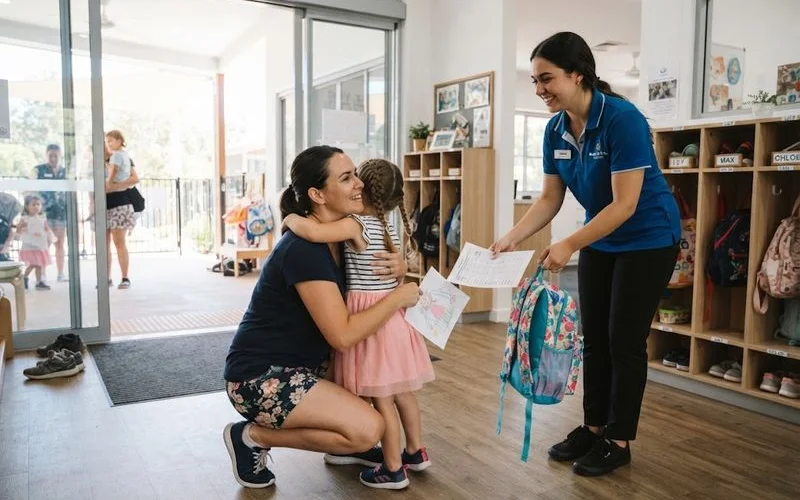 A parent talking with a childcare educator during a relaxed handover conversation at pickup time