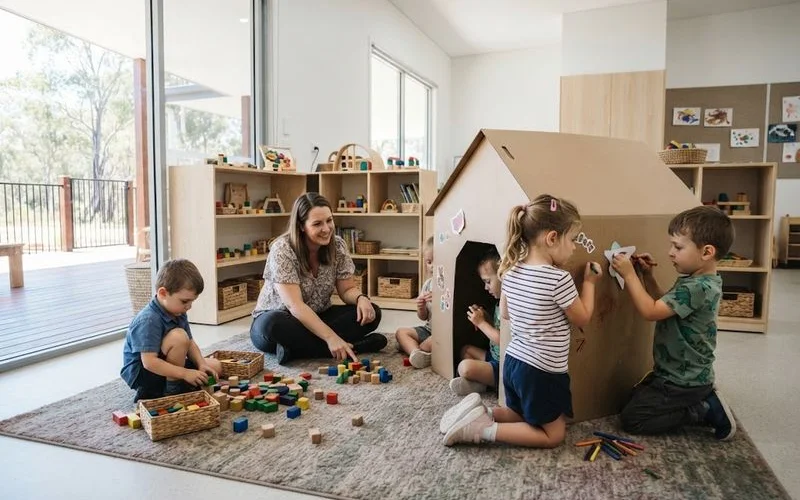 Educator sitting on the floor with a small group of preschool-aged children during a play-based kindergarten activity